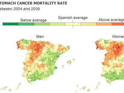 A map showing the stomach cancer mortality rate in Spain.