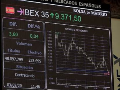 Paneles de información bursátil en la Bolsa de Madrid.  