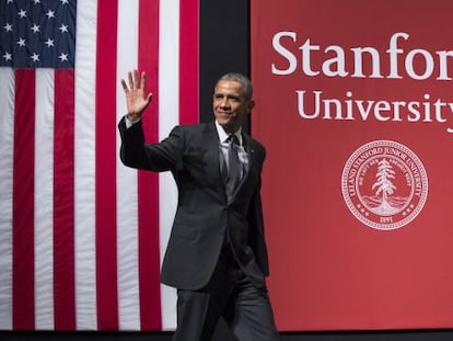 El presidente Barack Obama durante su intervenci&oacute;n en la Universidad de Stanford.
