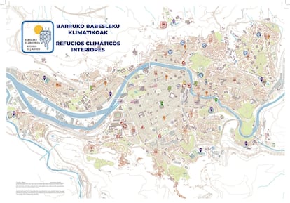 Mapa de la red de refugios climáticos interiores de Bilbao.