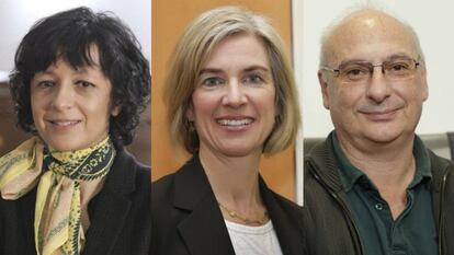 De izquierda a la derecha, Emanuelle Charpentier, Jennifer Doudna y Francisco Mojica.