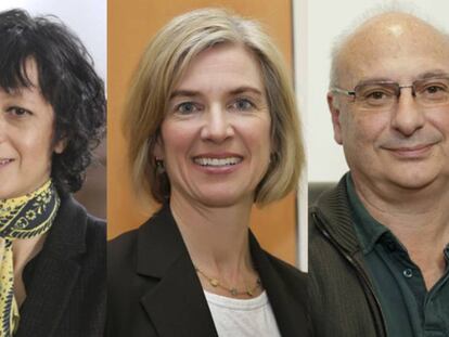 De izquierda a la derecha, Emanuelle Charpentier, Jennifer Doudna y Francisco Mojica. 