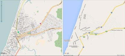 A la izquierda, un mapa de Open Street Map de una de las zonas afectadas por el terremoto en Ecuador. A la derecha, el mismo espacio en Google Maps.