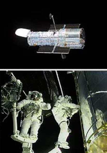 El <i>Hubble,</i> fotografiado desde el transbordador en 2002 durante la tercera misión de servicio (arriba), y dos astronautas trabajando junto al telescopio (a la derecha), fijado en la bodega del transbordador en la misión de 1999.