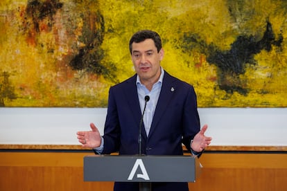 El presidente andaluz, Juan Manuel Moreno, este miércoles en el Palacio de San Telmo, en Sevilla.