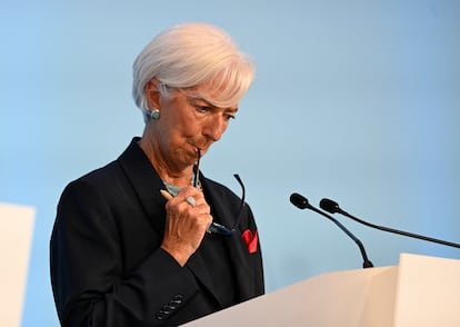 La presidenta del BCE, Christine Lagarde, durante una rueda de prensa en Sintra (Portugal), el mes pasado.