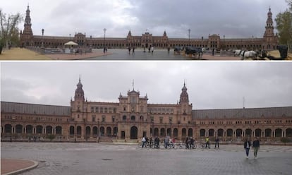 Abajo, imagen de la Plaza de España de Sevilla tomada por un turista y, arriba, panorámica tomada por un fotógrafo con el mismo móvil.