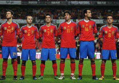 Jugadores de la selección española de fútbol, antes del partido contra Portugal.