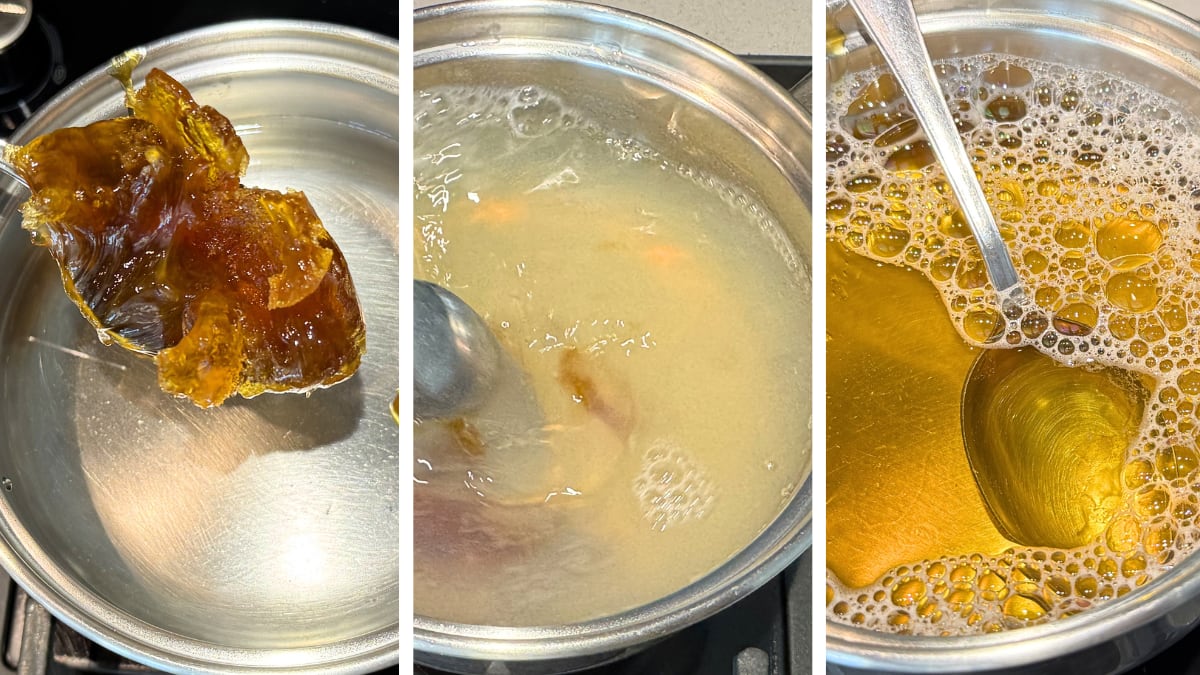 Proceso para disolver jabón Beltrán en agua caliente.