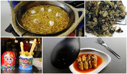 Arriba, arroz de puerros y rape para dos y detalle de arroz con verduras, en Berlanga. Abajo, ensaladilla rusa presentada dentro de una matrioska y mejillones en escabeche ahumado en Hermanos Vinagre.