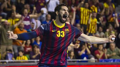 Karabatic celebra un gol en el Palau Blaugrana.