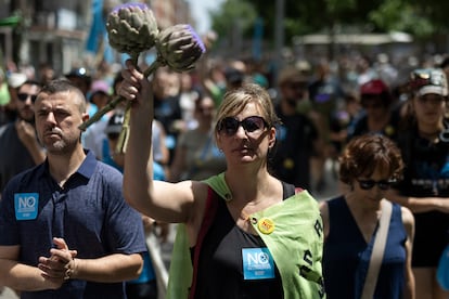 Algunos de los manifestantes sostienen alcachofas, verdura por excelencia que se produce en el Parc Agrari del Llobregat y símbolo de lucha de resistencia de esta plataforma.