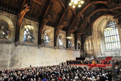 Obama, durante su intervencin ante una sesin conjunta de las dos cmaras en Westminster Hall, el edificio ms antiguo del Parlamento britnico.