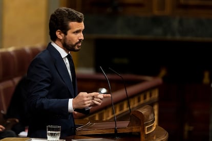 PP president Pablo Casado speaking in Congress on Wednesday. 