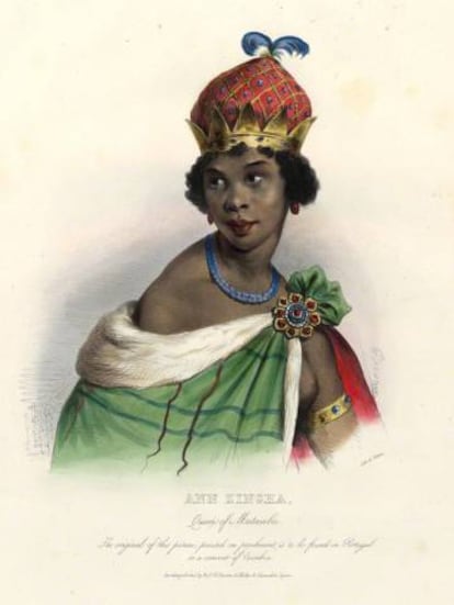 Litografía coloreada a mano de Njinga de Ndongo de la colección de la Galería Nacional de Retratos de Londres.