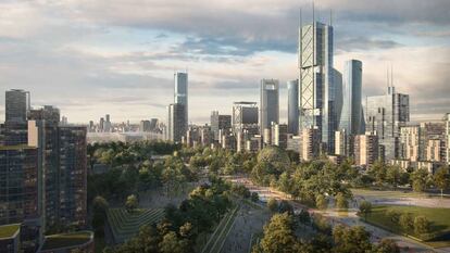 The mock up of the towers and green areas for the North Madrid project.