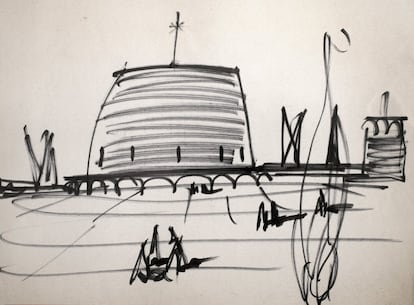 Boceto del arquitecto Alejandro de la Sota para la iglesia de Entrerríos, de forma cilíndrica.