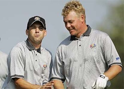 Sergio García y Darren Clarke, entrenando en Oakland Hills.