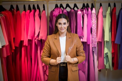 La diseñadora Vicky Martín Berrocal, con algunos de los vestidos de su tienda Victoria en Madrid, el 4 de marzo de 2021.