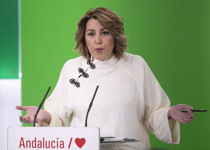 La secretaria general del PSOE-A, Susana Díaz, comparece en rueda de prensa en Sevilla el 15 de enero de 2021.