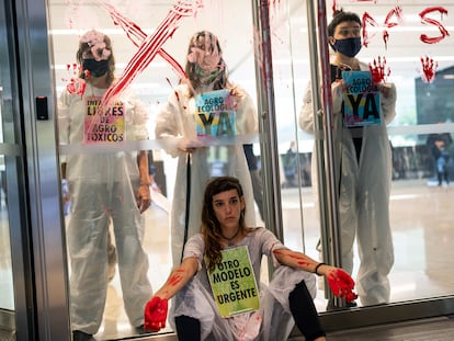 Activistas medioambientales del grupo Extinction Rebllion protestan en las oficinas de la empresa Monsanto, el 13 de mayo de 2022, en Buenos Aires.
