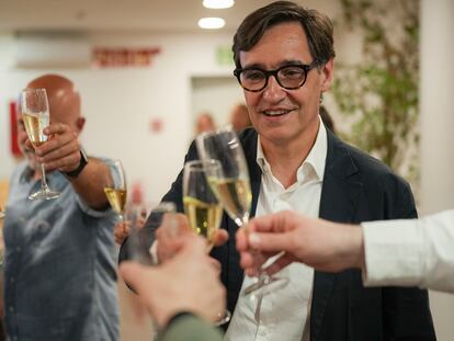 Socialist candidate Salvador Illa makes a toast with his team after the announcement of results of the Catalan election on Sunday.