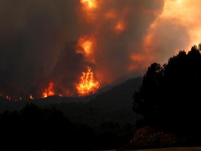 Las llamas arrasan más de 1.100 hectáreas en el incendio originado en Santa Coloma de Queralt (Barcelona).