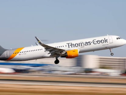 A Thomas Cook plane leaves Palma de Mallorca.