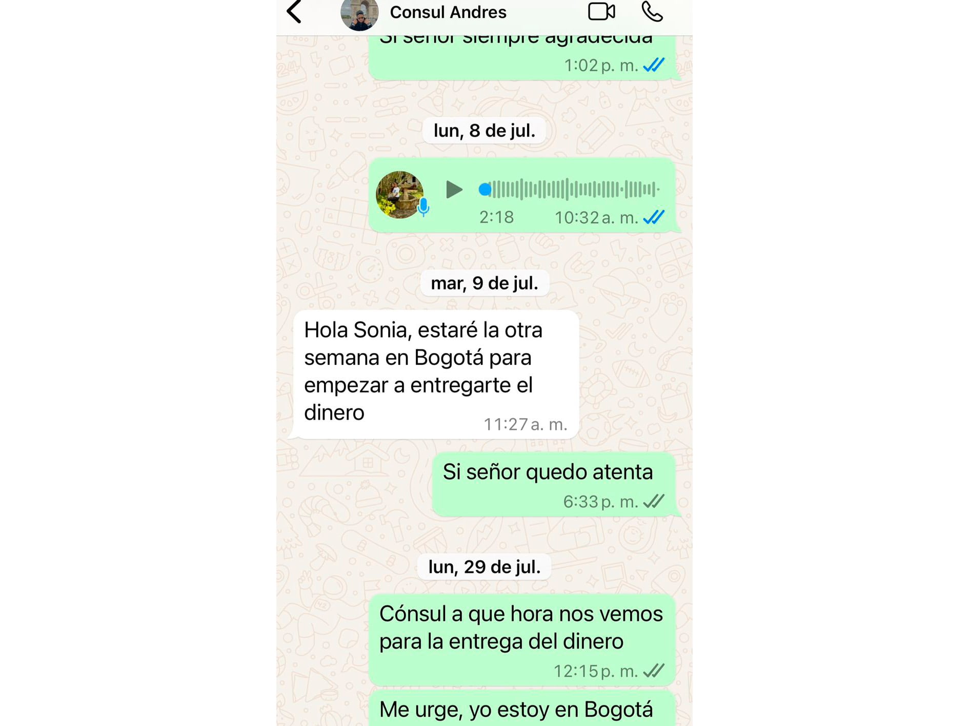 Conversaciones entre Sonia Cuesta y el cónsul Andrés Hernández.