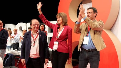 Miquel Iceta, Idoia Mend&iacute;a y Pedro S&aacute;nchez en el congreso del PSE-EE. 