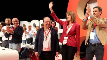 Miquel Iceta, Idoia Mend&iacute;a y Pedro S&aacute;nchez en el congreso del PSE-EE. 