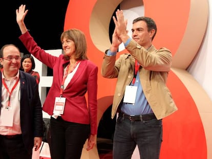 Miquel Iceta, Idoia Mend&iacute;a y Pedro S&aacute;nchez en el congreso del PSE-EE. 