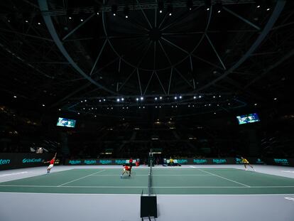 Panorámica del Madrid Arena durante el partido de dobles entre España y Ecuador.