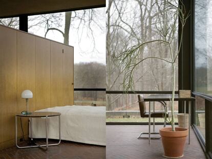 El dormitorio, a la izquierda, no es apto para pudorosos. A la derecha, el estudio con la silla Brno de Mies van der Rohe. |