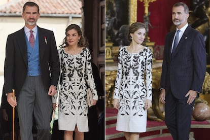 Para la ceremonia de entrega del Premio Cervantes de 2017, la Reina volvió a confiar en este diseño bicolor de Felipe Varela. El mismo que ya había lucido el 12 de octubre de 2016, día de la Fiesta Nacional.
