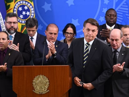 El presidente Jair Bolsonaro, durante una conferencia este viernes tras la dimisión de Moro.