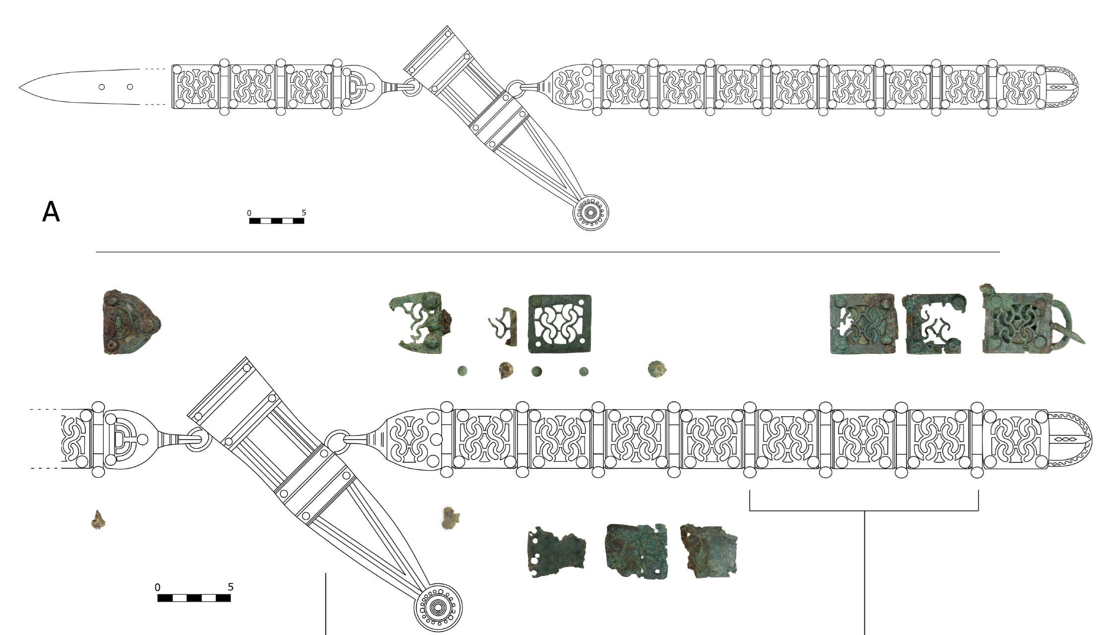 Reconstrucción hipotética del conjunto de cinturón y vaina de filos curvos hallado en la cueva de La Cerrosa-Lagaña.