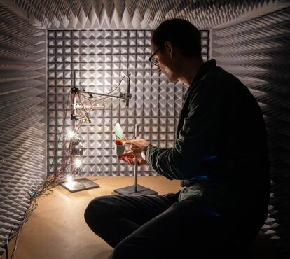 An engineer in the soundproof box.