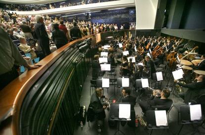 Músicos de la Orquestra de la Comunitat Valenciana en una representación operística en el Palau de les Arts.