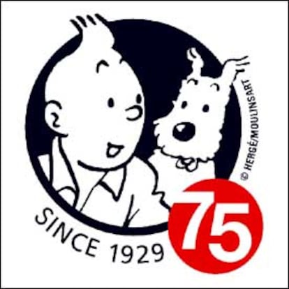 Logotipo del 75 aniversario de este reportero, que ha vivido aventuras por todo el mundo con su perro Milú.