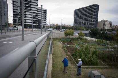 Un bloc de pisos amb horts als seus peus a la zona de la carretera de Collblanc, a l'Hospitalet.