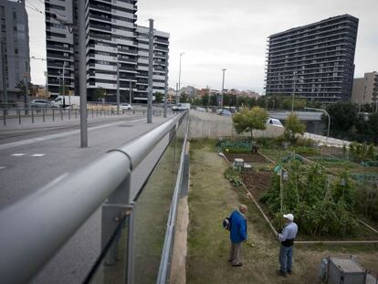 Un bloc de pisos amb horts als seus peus a la zona de la carretera de Collblanc, a l'Hospitalet.