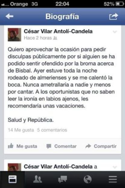 Primera disculpa de César Vilar por sus palabras.