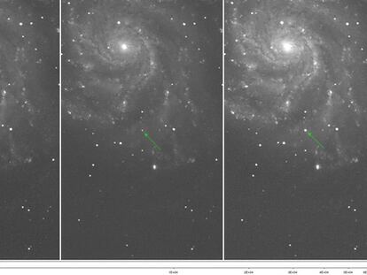 Imágenes de la galaxia M101 los dias 22, 23 y 24 de agosto (de izquierda a derecha) con la supernova marcada y claramente visible en la última.