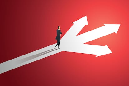 Business person looks at arrow up path three way  to goal success. illustration Vector