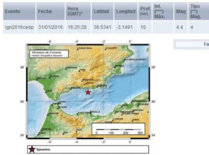 Localización y datos ofrecidos por el Instituto Geográfico Nacional sobre el terremoto sentido en Granada.
