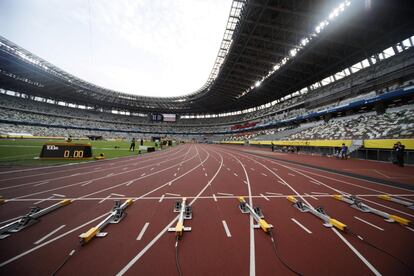 Bloques de salida para una prueba de 100 metros, este domingo en los Golden Grand Prix de Tokio.