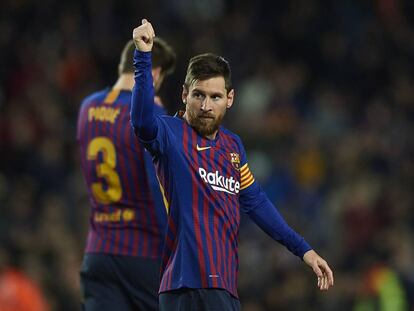 Messi celebra su gol 400 en LaLiga.