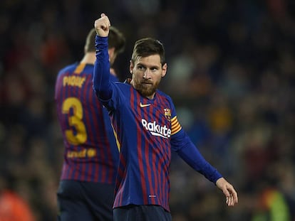Messi celebra su gol 400 en LaLiga.