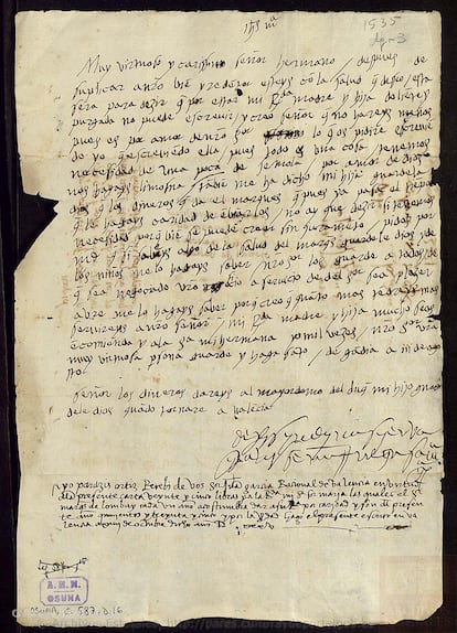 Carta de María Enríquez desde el convento de Santa Clara de Gandía.